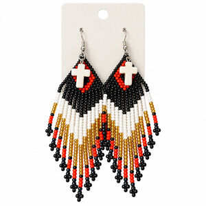 Hand Beaded Black, Red, Gold, and White Fringe Earrings with Crosses
